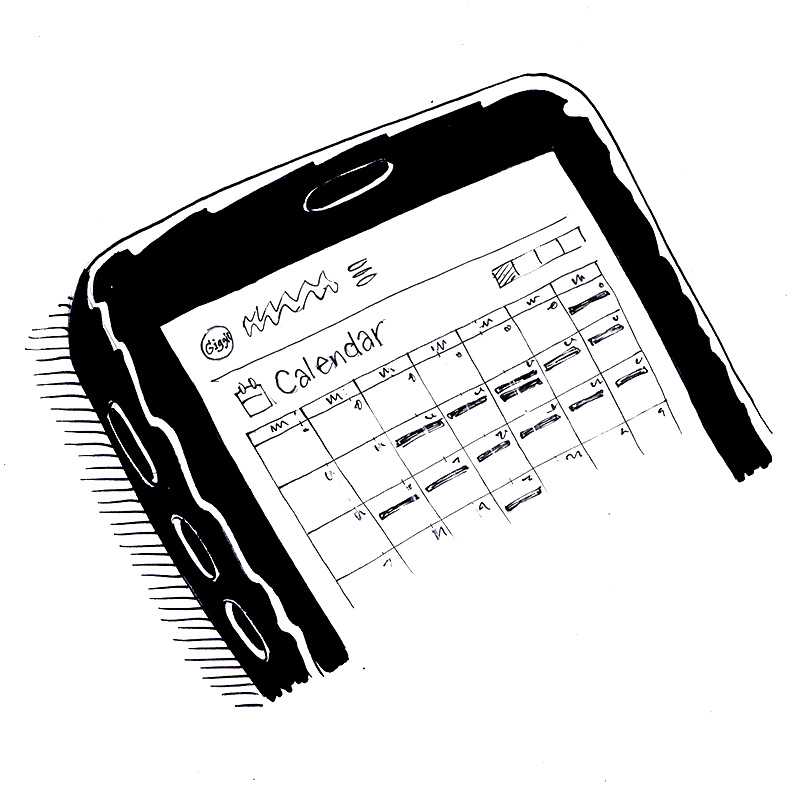 Black and white sketch of a smartphone displaying a calendar app with dates and events.