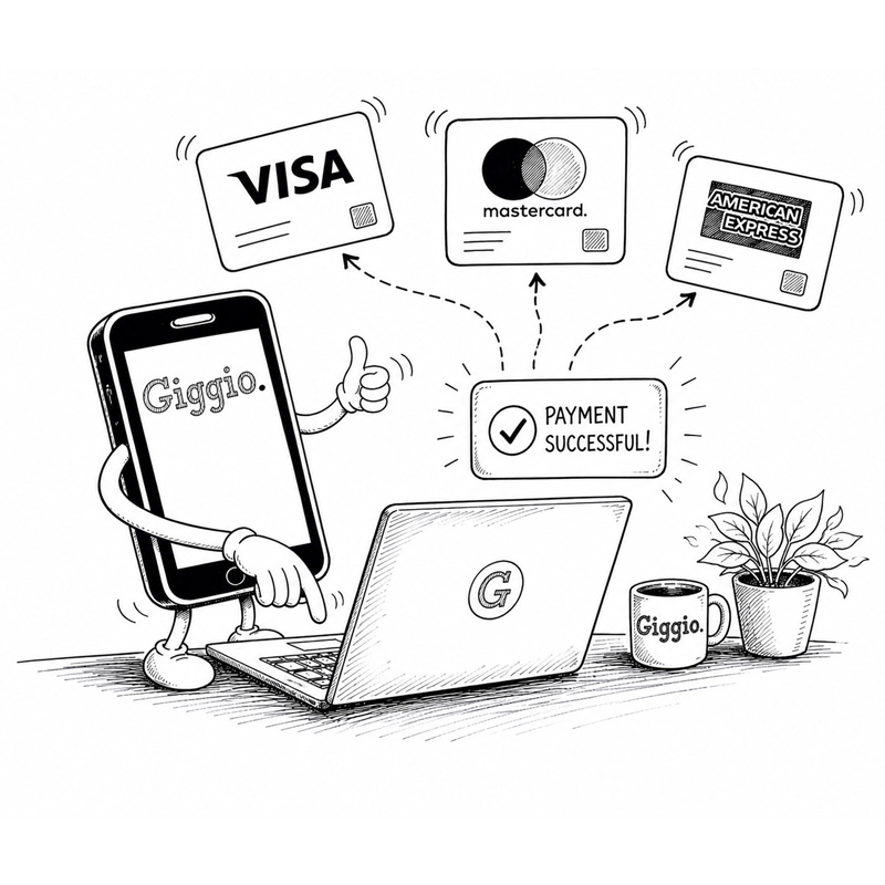 Cartoon phone using a laptop with cards Visa, Mastercard, American Express above and 'Payment Successful!' message.