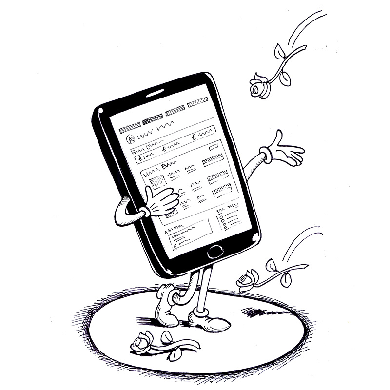 Cartoon smartphone with arms and legs catching roses falling on a stage circle.