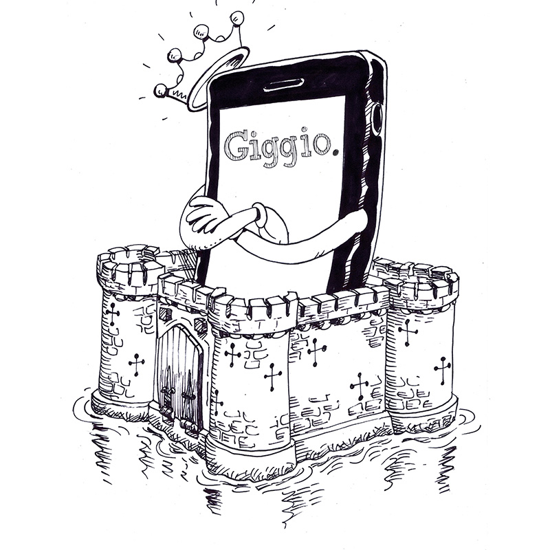 Cartoon of a smartphone with arms crossed wearing a crown standing inside a castle moat.