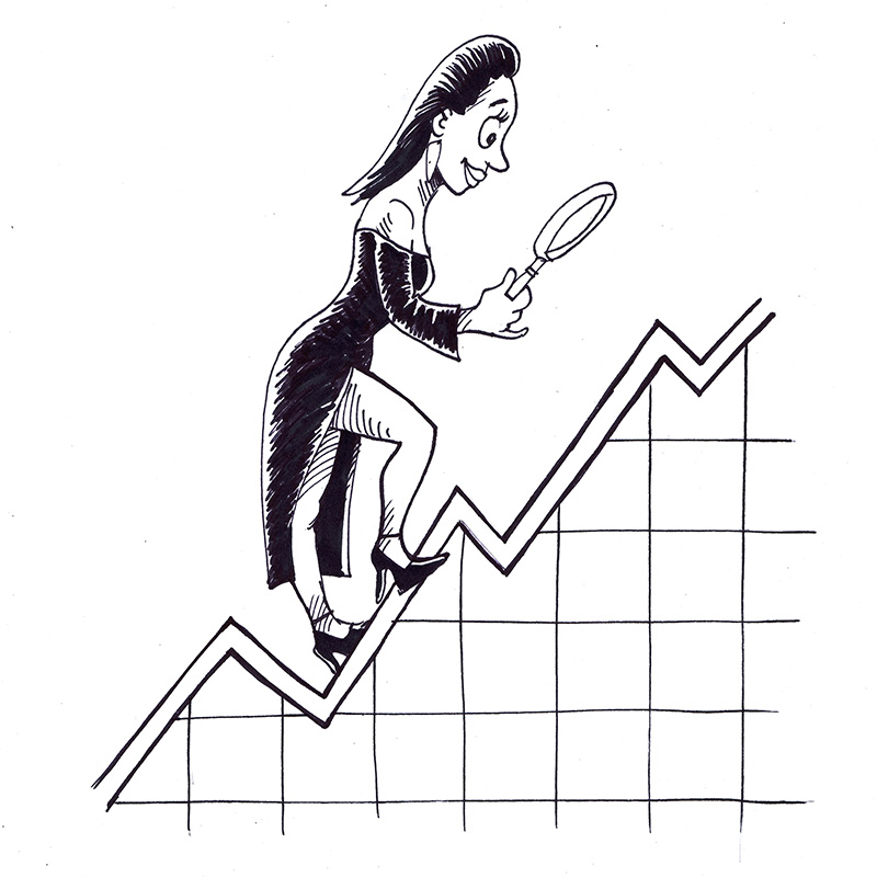 Woman in a dress climbing an upward zigzag line on a grid while holding a magnifying glass.