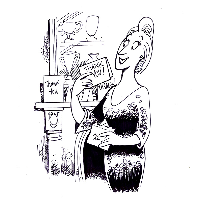 Cartoon woman in patterned dress holding and reading thank you cards in a room with trophies and cards.
