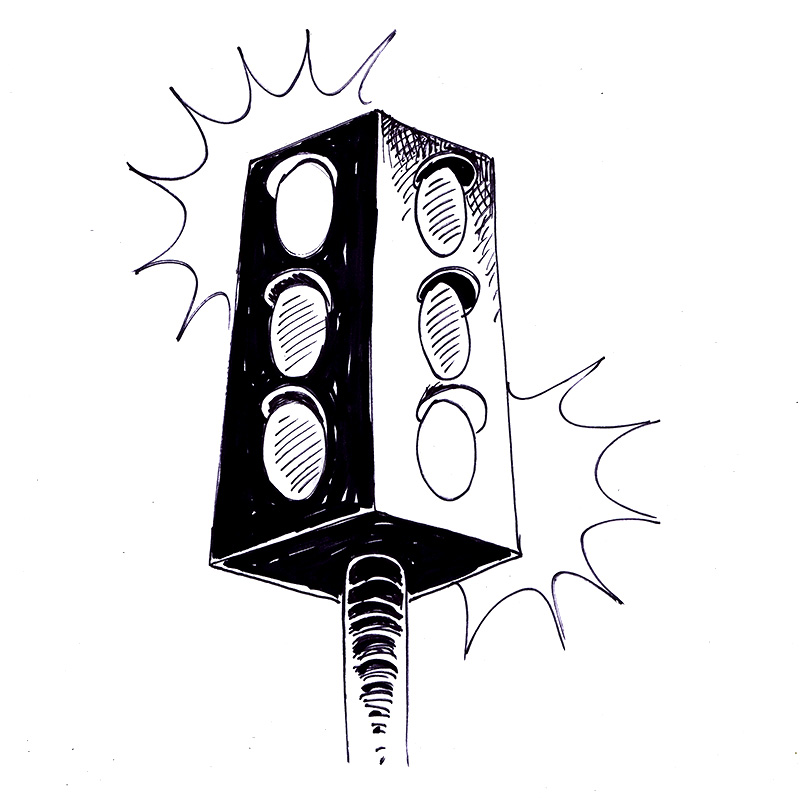 Black and white sketch of a traffic light with three circular lights on two visible sides.